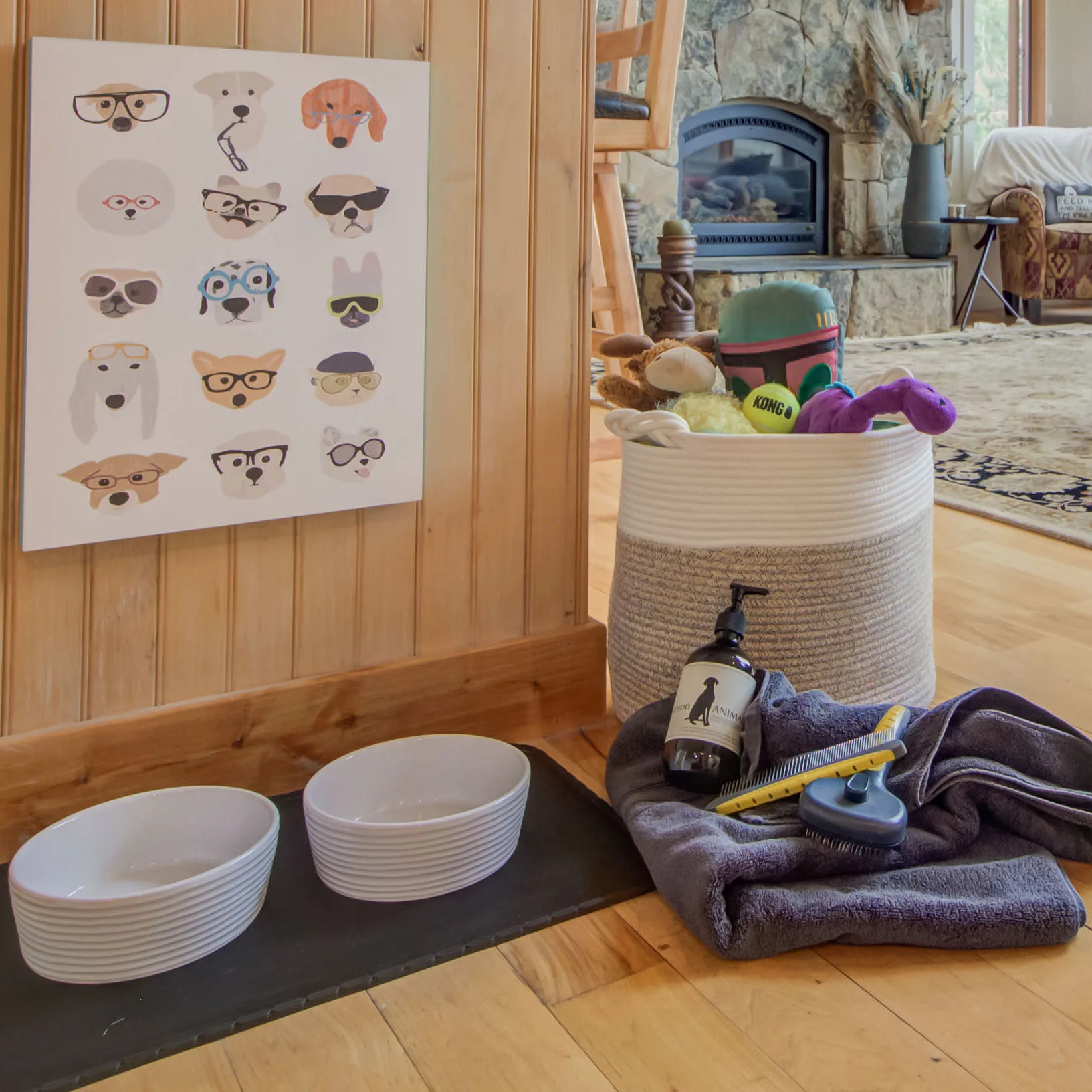 The chalet's dog amenities — bowls, towels, toys, and grooming kit